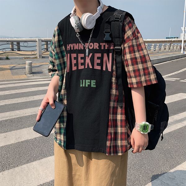 

2020 летняя короткие рукава harajuku корея моды белый черный tshirt streetwear one piece hip hop rock punk мужские тенниски одежды, White;black