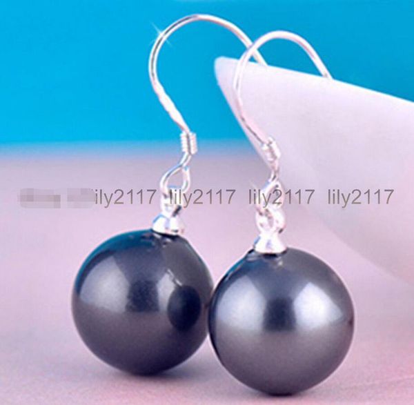 

10mm black south sea shell pearl silver dangle earrings