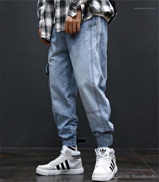 

fashion long mens cargo pants with pockets hiphop loose light blue mens jeans