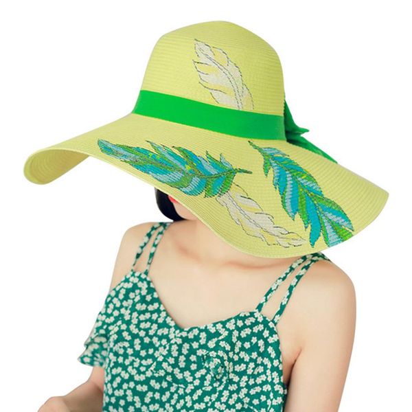 

dsstyles ms. hand-painted ins wind leaf pattern oversized hats leisure vacation sunshade straw hat beach hats, Blue;gray