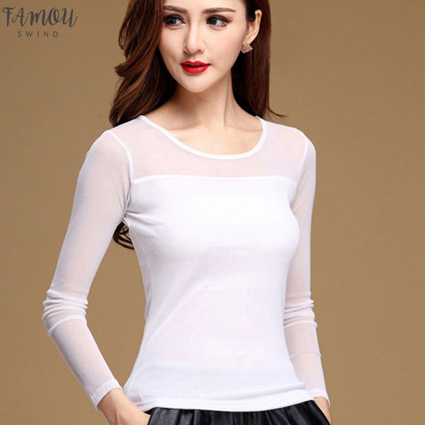 

women mesh spring autumn fashion casual stretch long sleeve blouse shirt elegant for women blusas new arrivals, White