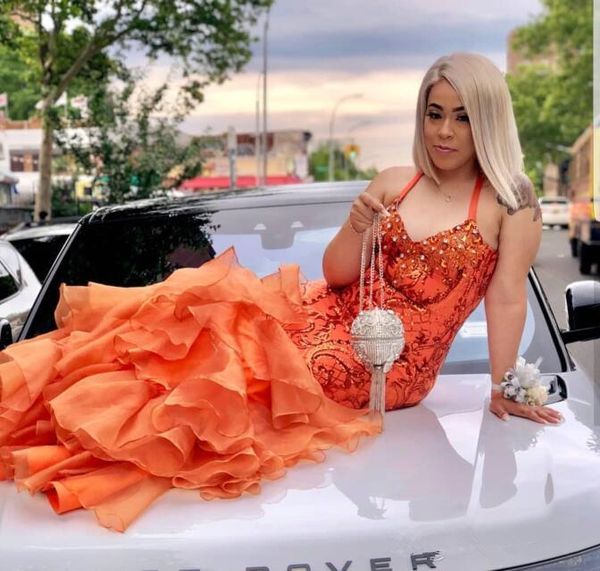 

african halter prom dresses long sequins appliques ruffles mermaid evening gowns tiered ruffles plus size party dress robes de soiree, Black