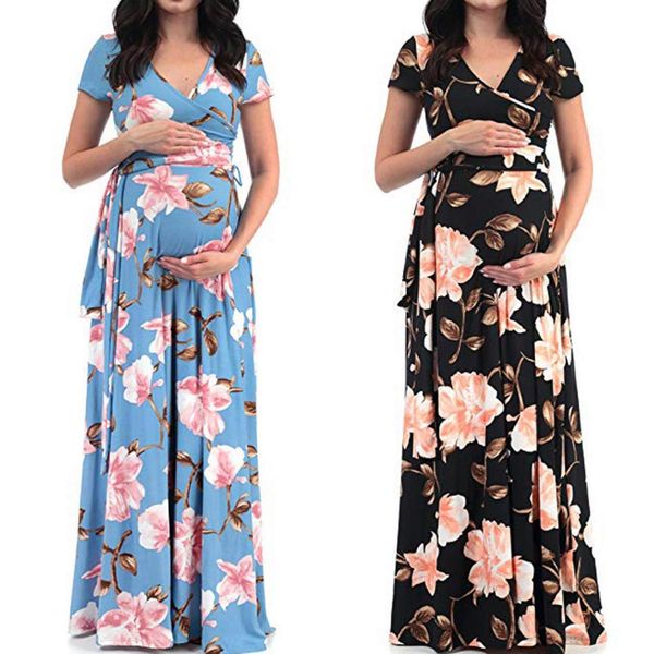 

women printed v-neck short-sleeve bow tied long maternity dress pregnancy mama clothes large size, Black;gray
