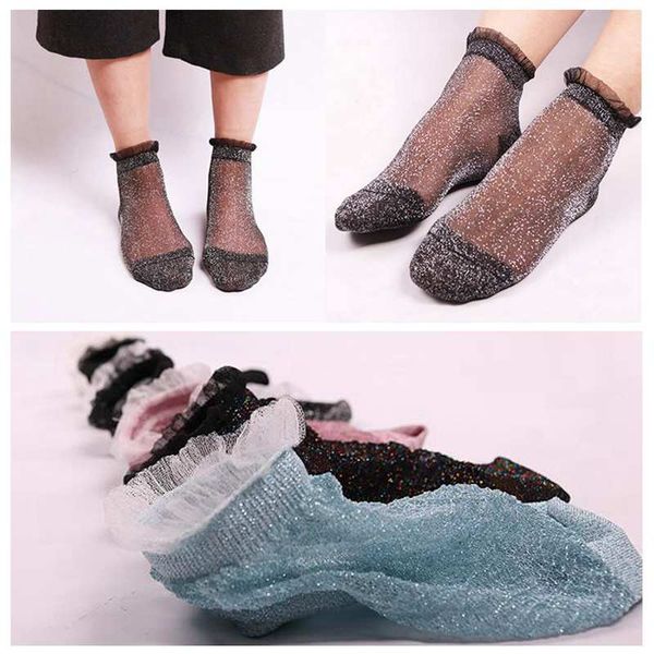 

summer girls shiny socks glitter crystal glass silk lace sock female elastic short socks, Pink;yellow
