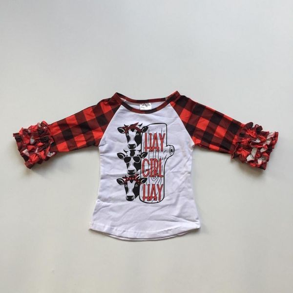 

winter/spring baby girls hey girl cow red black plaid cotton boutique t-shirt ruffles raglans children clothes icing sleeve, White