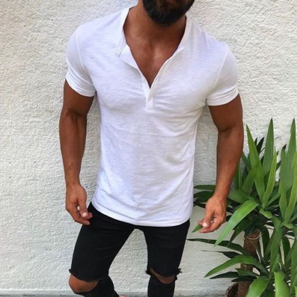 

men's slim fit v neck short sleeve muscle tee t-shirt casual henley shirts solid fashion button tee men new fashion clothes, White;black