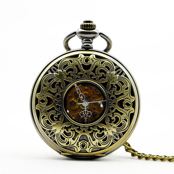 

6 pieces vintage bronze pocket watch skeleton mechanical fob watch roman numerals pendant unisex, Slivery;golden