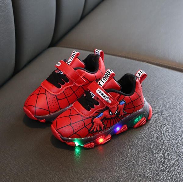 

led luminous spiderman kids shoes for boys girls light children luminous baby sneakers leather sport boy girl led light shoes t200421, Black;red