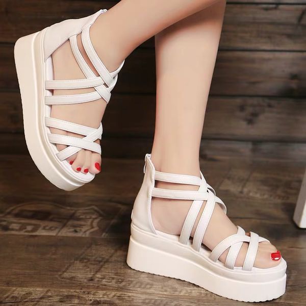 

korean 2019 cake bandage sandals female xia pingdi students simple flat and thick bohemian white comfortable female shoes, Black