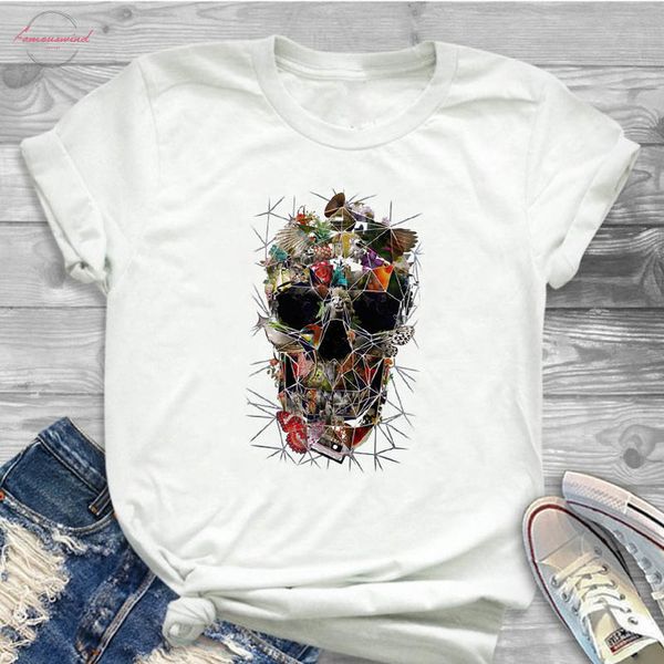 

women shirt skull flower butterfly clothing short sleeve ladies female t womens clothes t shirt graphic printed tshirt, White