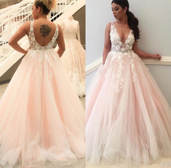 

Country Pink Wedding Dresses Lace A Line V Neck Open Back Sheer Straps Bridal Gowns Appliques Petals Long Summer Beach Wedding Gowns
