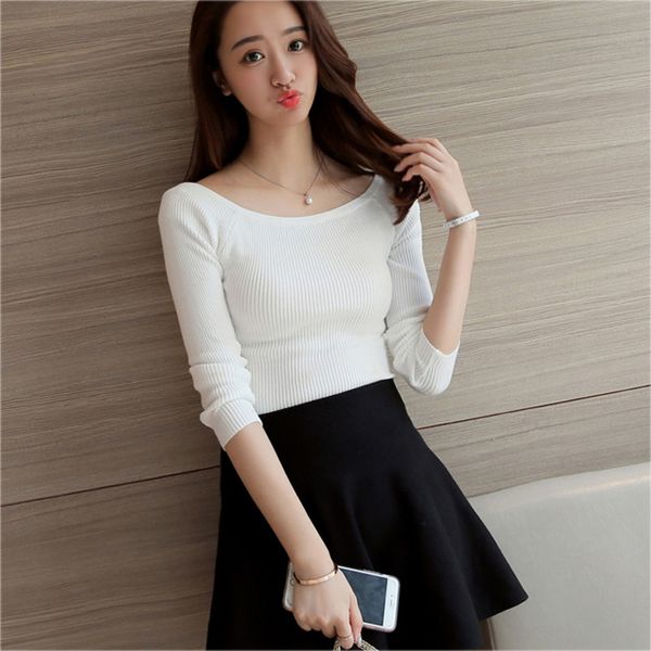 

lucyever autumn winter black knitted sweater women simple long sleeve elasticity slim shirt woman casual solid pullover female, White;black