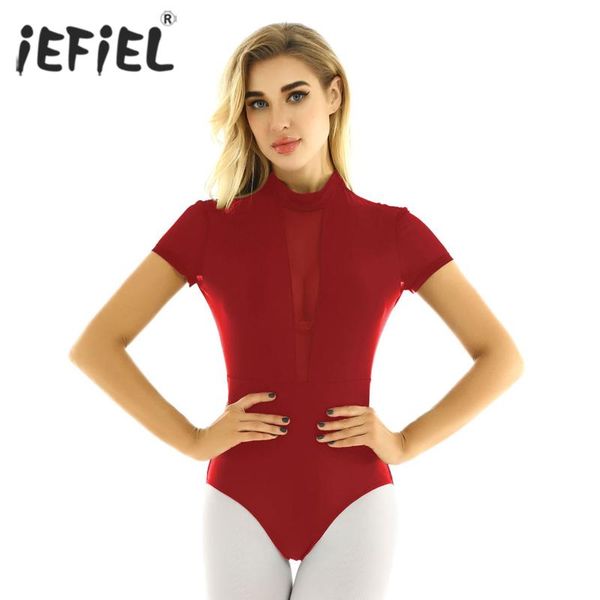 

stage wear iefiel womens adults professional ballet dance class bodysuit open back gymnastics leotard skating ballerina dancewear costumes, Black;red