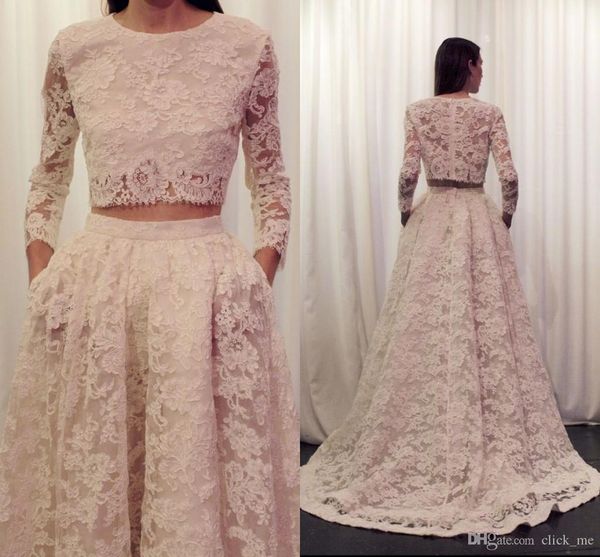 

two pieces prom dresses crew sweep train long sleeve lace bridal dress a line zipper back elegant formal evening gowns, Black