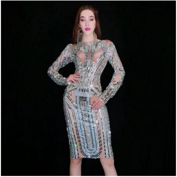 

new bright shining crystals bodysuit costumesevening wear long sleeves dress nude gray dress birthday celebrate diamons outfit, Black;red
