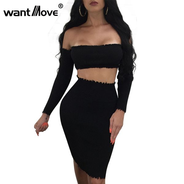 

wantmove 2017 autumn women wave off the shoulder long sleeve 2 piece bodycon midi dress club party vestidos de festa wm110, White;black