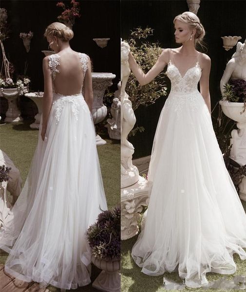 

Illusion Bodice Backless Beach Wedding Dress New Design Princess Wedding Dresses Turkey Sexy Deep V neck Lace Wedding Dress For Cheap