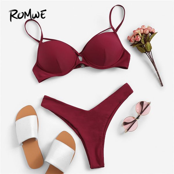 

romwe sport burgundy solid criss cross underwire with high leg bikinis set women 2019 summer push up beach swimwear