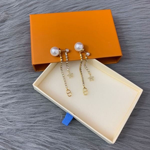 

D family 2020 CD letter tassel pearl earrings female di family full diamond temperament female earrings, White