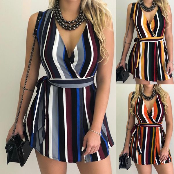 

Summer Metropolitan Fashion V Collar Print Belted Dress Sleeveless Striped Dress Hot Sale Irregular Women Sexy Dress