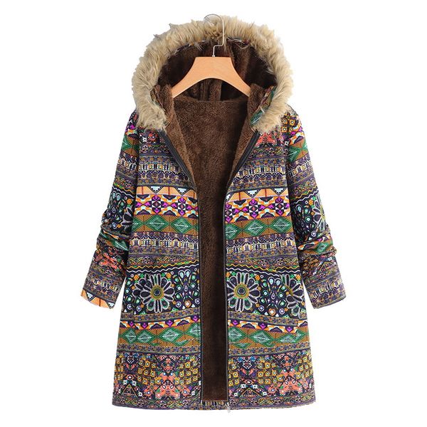 

women hooded plush thick coat winter warm long sleeve pocketsparkas folk-custom print cotton a line vintage coat puimentiua, Black