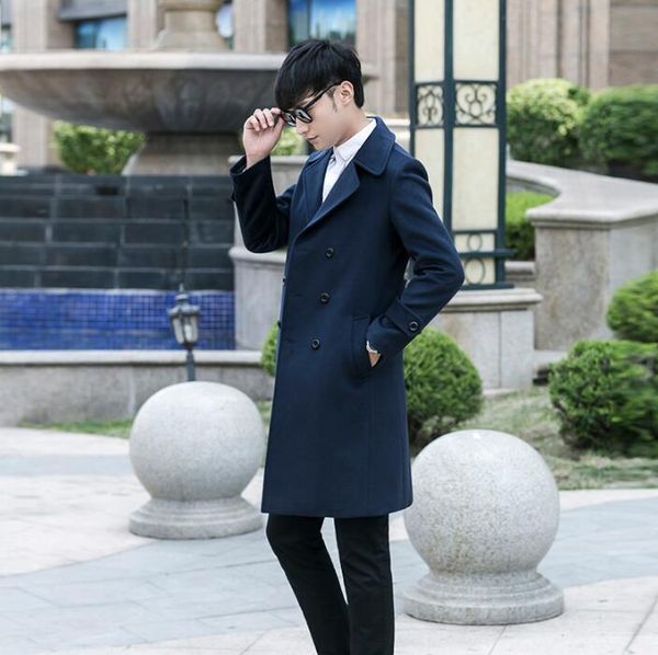 

dark blue casual long woolen coat men double breasted coats long sleeves overcoat mens cashmere coat casaco masculino england, Black