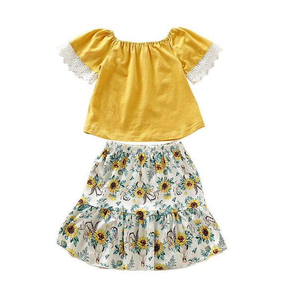 

summer baby girl flare sleeve t-shirt blouse+floral print skirts casual outfits set, White