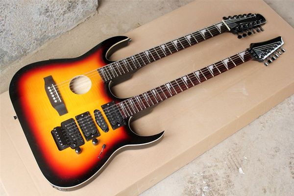 

one piece in stock,double neck 12+6 strings scalloped neck electric guitar and acoustic guitar with body binding,can be customized
