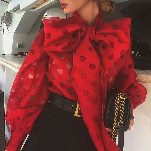 

полька dot фонарь рукава knotted блуза женщины chic элегантный офис lady street wear весна осень тенденции моды рубашки верхней женщины, White