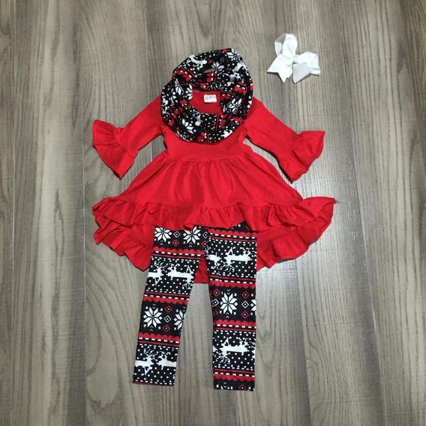 

christmas baby girls fall/winter 3 pieces scarf red aztec christmas pants sets cotton boutique children clothes match bow, White