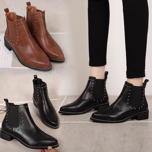 

2019 spring and autumn winter rivet short boots female boots simple pointed thick with thin skinny women, Black