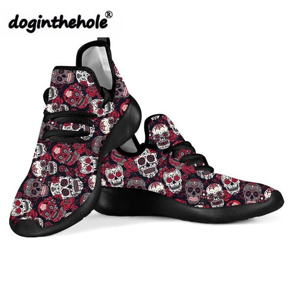 

doginthehole zapatos mujer suger skull printing knitting sneakers women flat shoes ladies autumn flats for females mesh shoes, Black