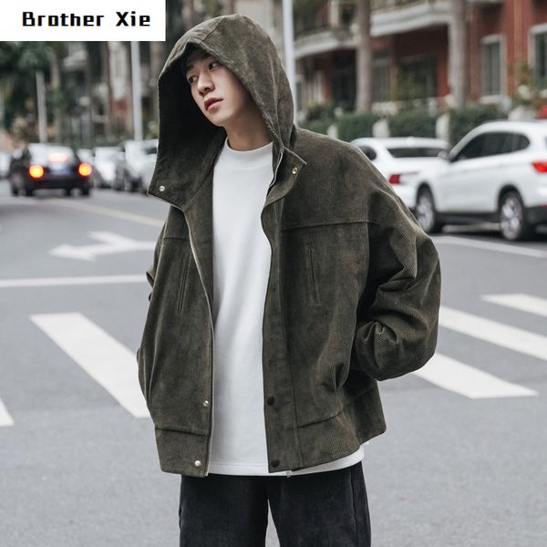 

winter new corduroy jacket men fashion retro casual warm hooded jacket man streetwear wild hip hop loose bomber s-xl, Black;brown
