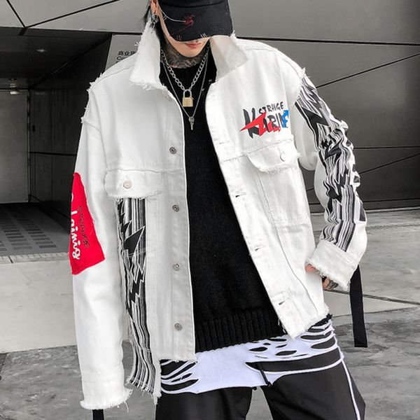 

hip hop irregular printed men denim jackets 2019 harajuku fashion coats streetwear casual male couple loose long sleeve, Black;brown