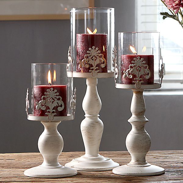 Vintage Iron Candle Holder With Glass Shade Pillar Candle Lantern European White Wedding Centerpieces Carved Flower Pattern Floor Hurricane Candle