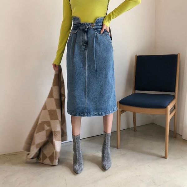 

2019 spring summer slim high waist midi jean skirt women loose streetwear straight skirts female pockets denim skirts, Black