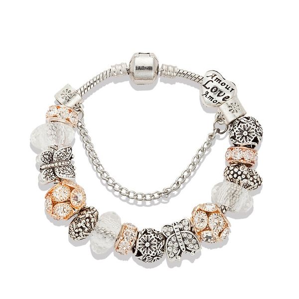 

elegant butterfly cz diamond beaded bracelet luxury designer for pandora silver plated diy beaded bracelet original box set, Golden;silver