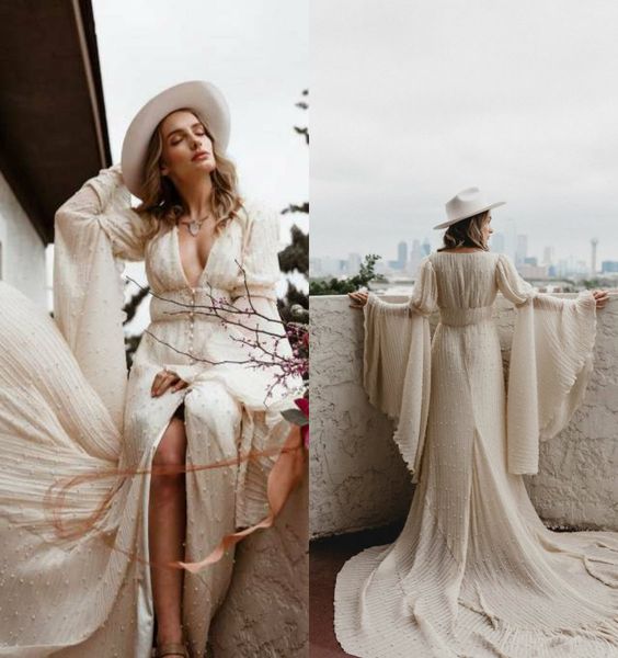 

bohemian mermaid daughtersofsimone wedding dresses v neck long sleeve satin split pearls ruched wedding gown sweep train robe de mariÃ©e, White