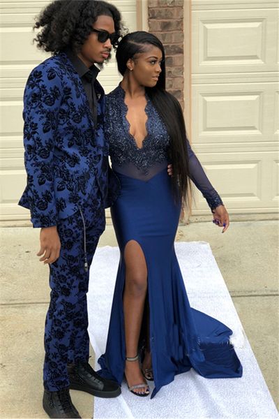 

Glamorous Mermaid Long Split Prom Dresses V-Neck Appliques Long Sleeves Black Girl Party Gowns Custom Made Formal Evening Gowns