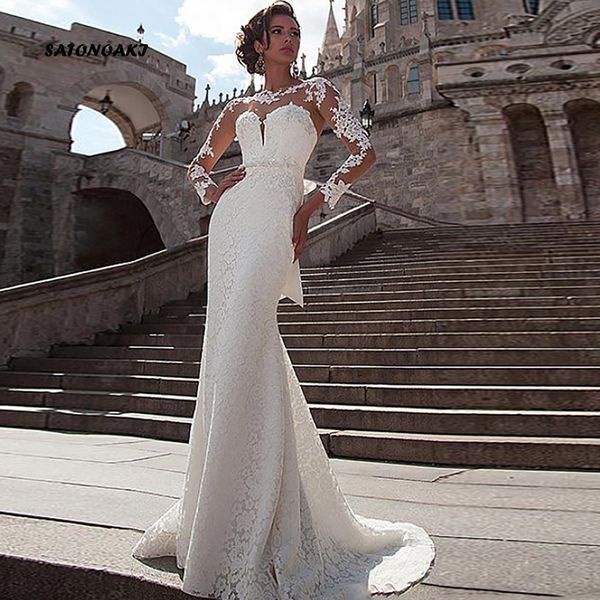 

satonoaki русалка свадебное платье 2020 длинные рукава кружева аппликациями свадебные платья кнопки назад пляж свадебные платья, White
