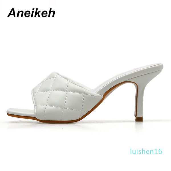 

aneikeh fashion pu pattern pu square head peep toe 8cm high heel slippers summer fashion slip on thin heels slides women mules l16, Black