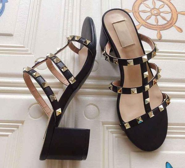 

2020 brand womens chunky heel v sandals summer rivet walk ankle-wrap party shoes size 35-42, Black