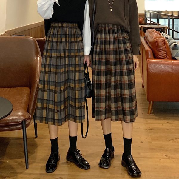 

vintage plaid pleated long skirts high waist winter women korean woolen skirt streetwear drawstring elastic waist midi skirt, Black