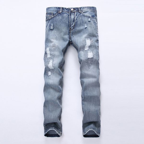 

embroidered hole straight fit slim jeans new summer cotton washed light blue jeans mens ripped jeans plus size28-42
