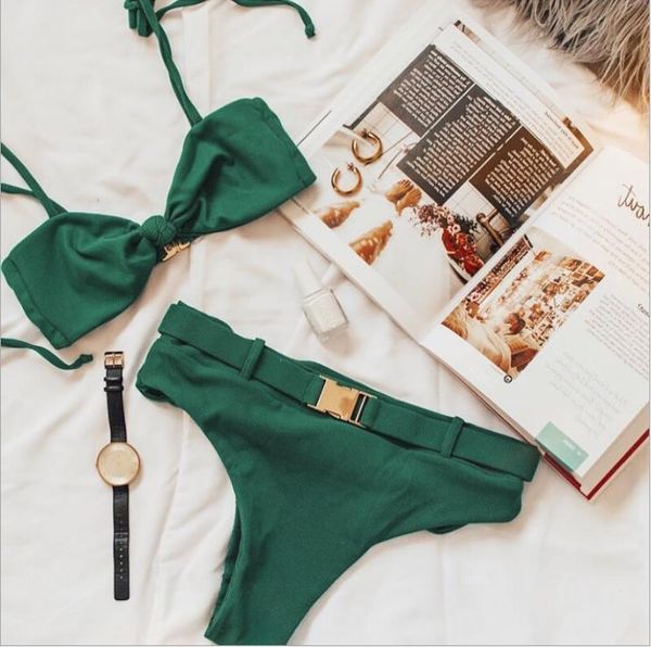 

split swimsuit tie special cloth metal buckle high waist bikini