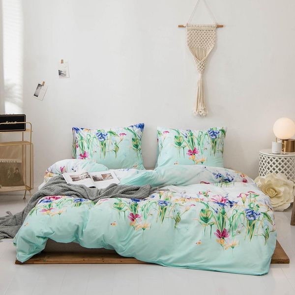 

nordic bed duvet cover set skin-friendly pillowcase us  bed linens set modern light green floral bedclothes for adults