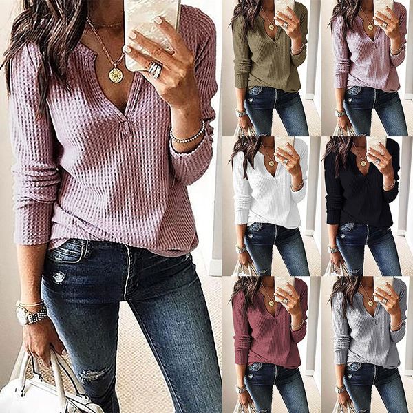 

womens v neck shirts long sleeve waffle knit loose fitting warm tee, Blue;gray