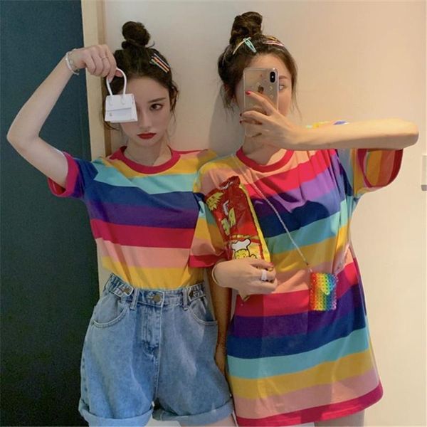 

yfashion blusas mujer de moda 2020 verano rainbow stripes short sleeve loose blouse for summer dress, Black;gray