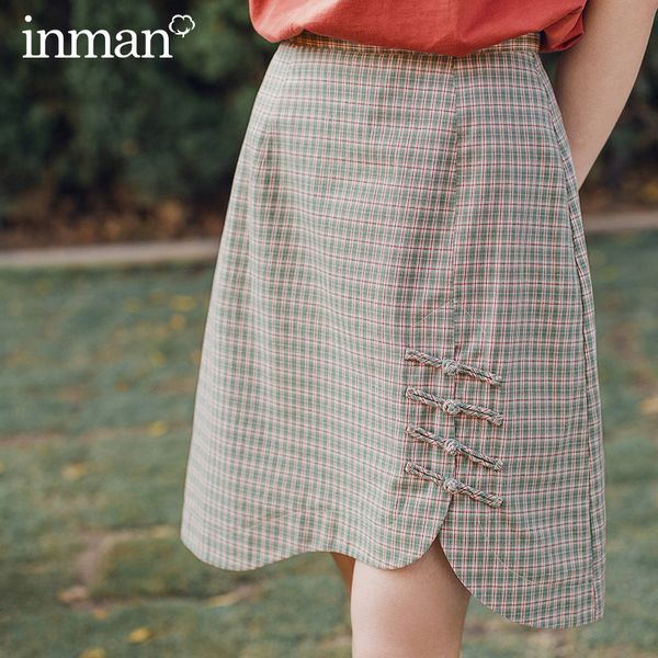 

skirts inman vintage artsy style 2021 summer arrival mid length plaid chinese frog design skirt, Black