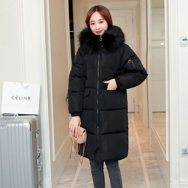 

women winter jacket new fashion hooded fur collar mid-long thicken warm cotton padded coat casual loose female jacket nzyd250a, Tan;black